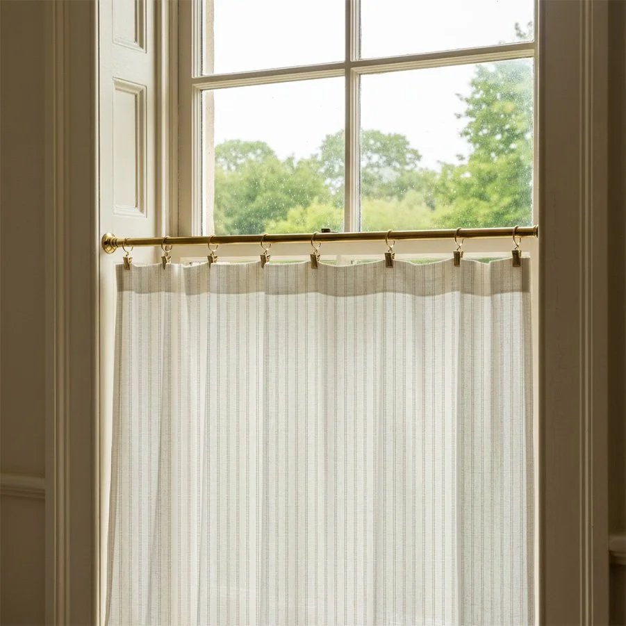Pillow Stripe saddle brown linen café curtain on a period sash window, softly filtering interior light and showing the vertical stripe pattern.