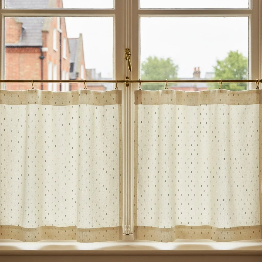 Petite Pair of Dots khaki green on cream linen café curtains at a sunny period window in England, gently filtering light and showing the small paired dot pattern.
