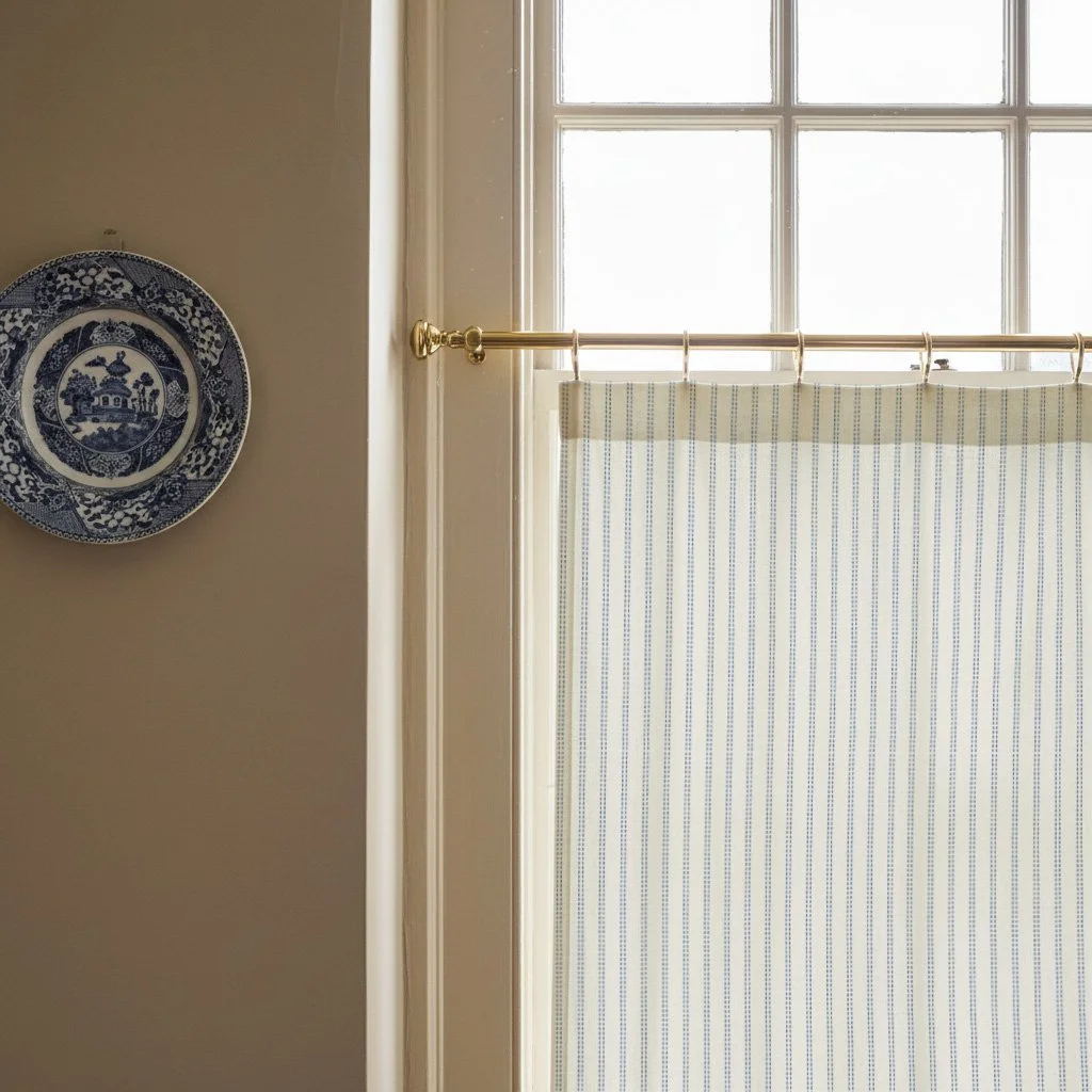 Pillow Stripe cornflower blue linen café curtain on a period sash window, gently diffusing daylight and revealing the fine vertical stripe design.