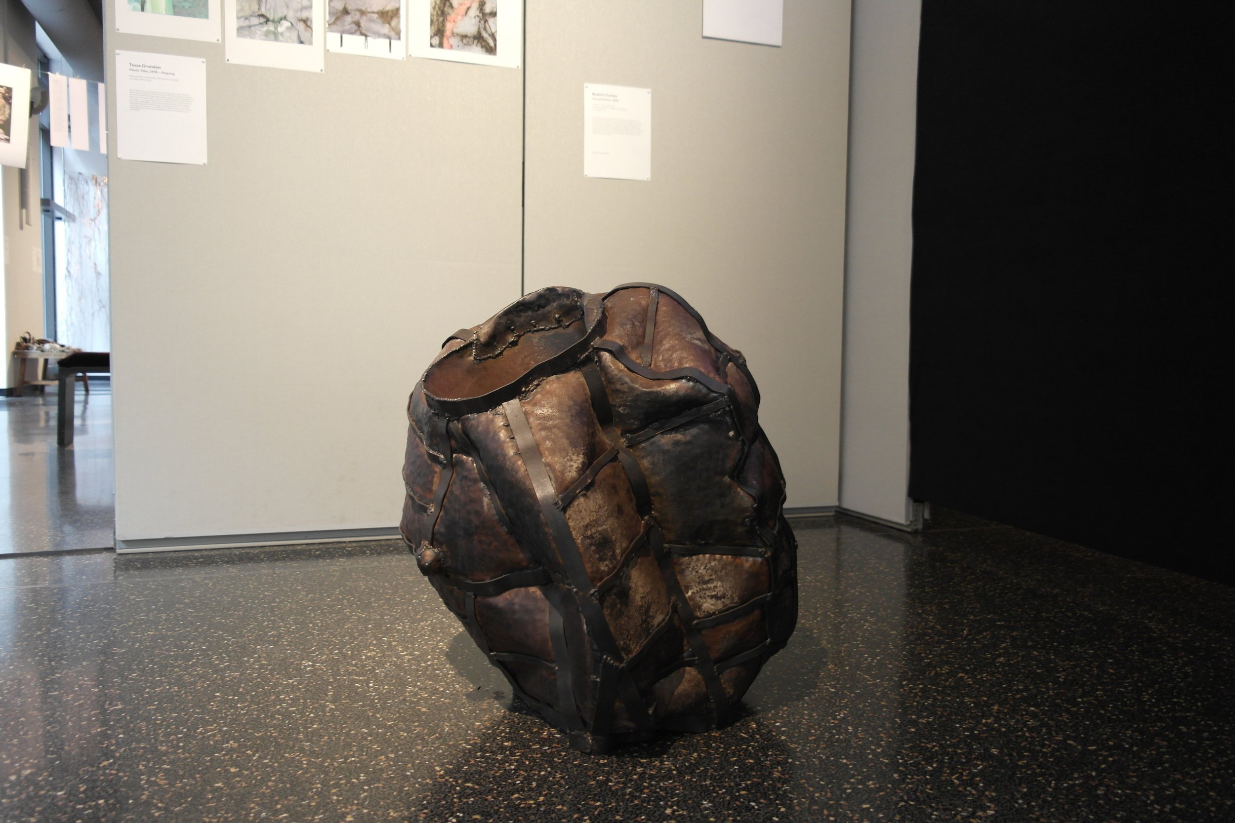 Gallery view with work by Beatriz Cortez. Glacial Pothole, 2020. Steel 27 x 29.5 x 26 inches. Courtesy of Commonwealth and Council, Los Angeles, CA.