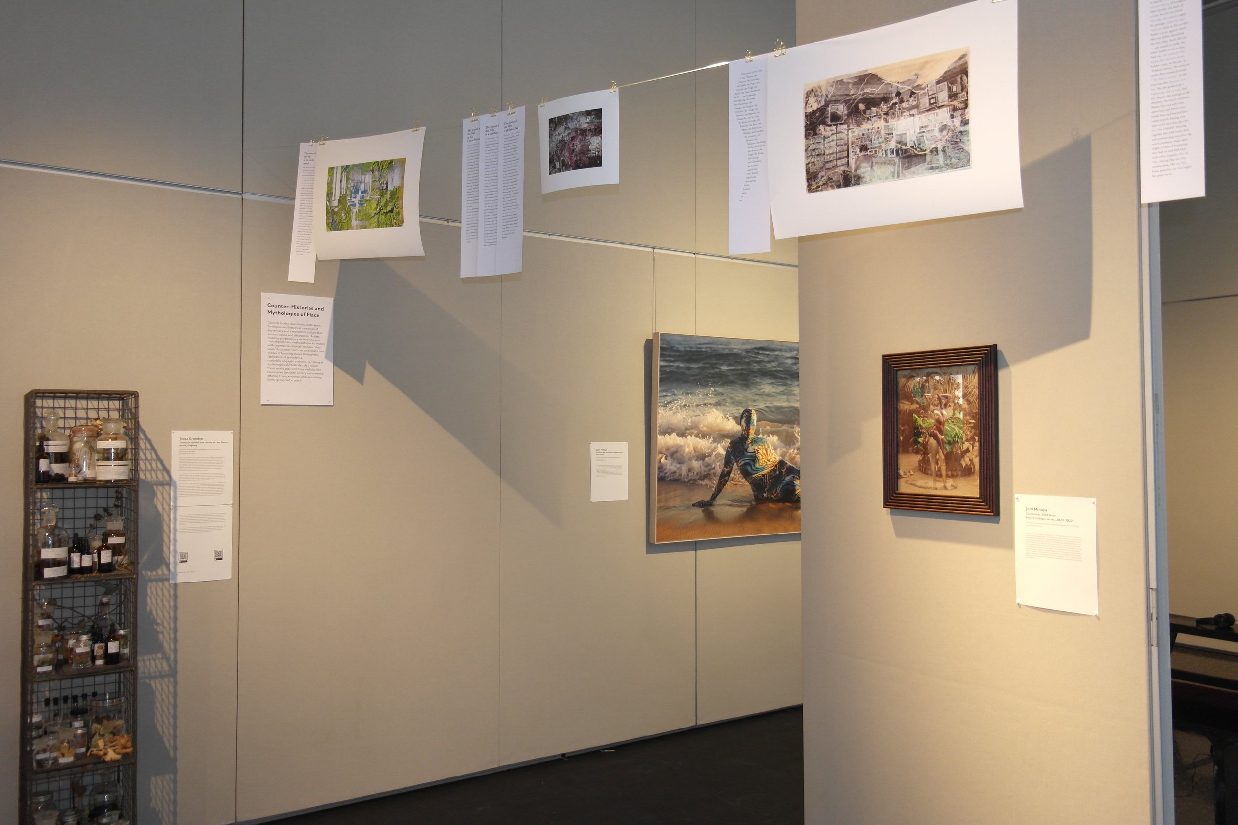 Gallery view with works by Tessa Grundon (Library of Lost Places and Tinctures of Lost Places), Joiri Minaya (Continuum), and Himali Singh Soin and Alexis Rider (Brow of a God/Jaw of a Devil).