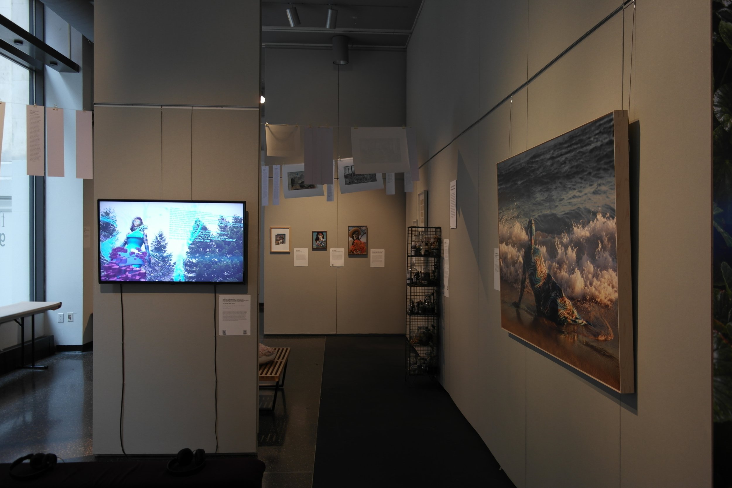 Gallery view with works by micha cárdenas, Joiri Minaya, Tessa Grundon, Himali Singh Soin and Alexis Rider. 