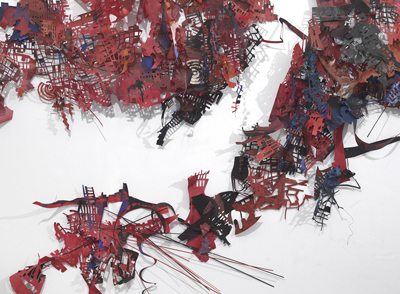 Heaven, Hell, and Here (Hell) (Detail) , ink, gouache, acrylic, paper, string, wire, and wood, 8' 5" x 16' x 9", 2013