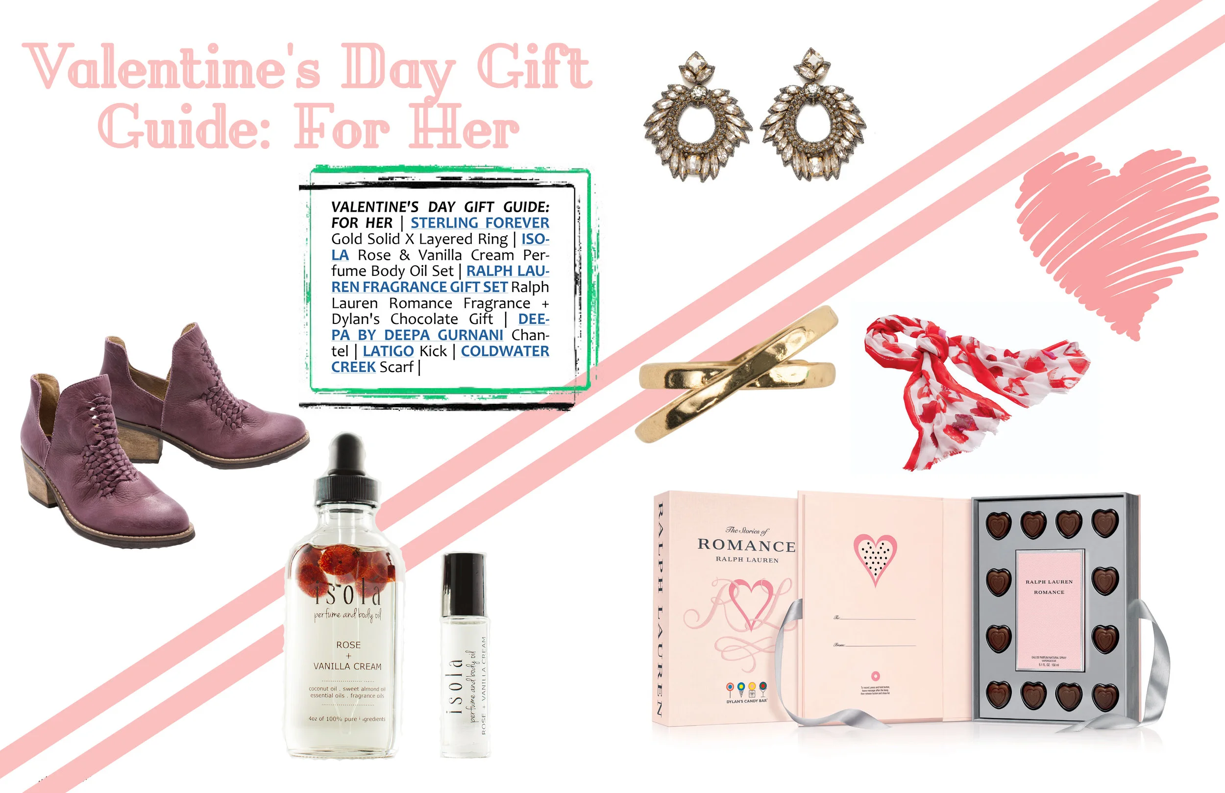 VALENTINE'S DAY GIFT GUIDE: FOR HER | STERLING FOREVER Gold Solid X Layered Ring | ISOLA Rose & Vanilla Cream Perfume Body Oil Set | RALPH LAUREN FRAGRANCE GIFT SET Ralph Lauren Romance Fragrance + Dylan's Chocolate Gift | DEEPA BY DEEPA GURNANI Chantel | LATIGO Kick | COLDWATER CREEK Scarf |