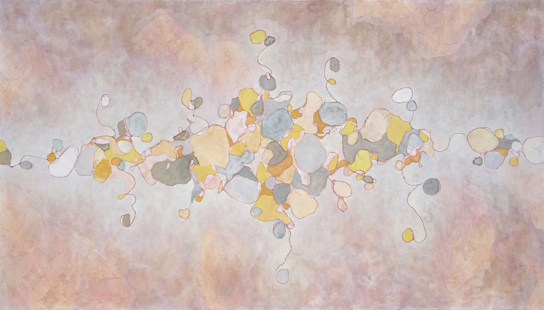 Yellow Gray, 2009. Oil with wallpaper and string collage on canvas. 48x84 inches
