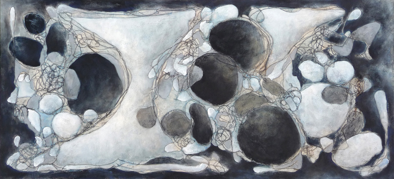 In the Struggle for Life , 2017. Oil and collage on canvas. 22 x 48 inches