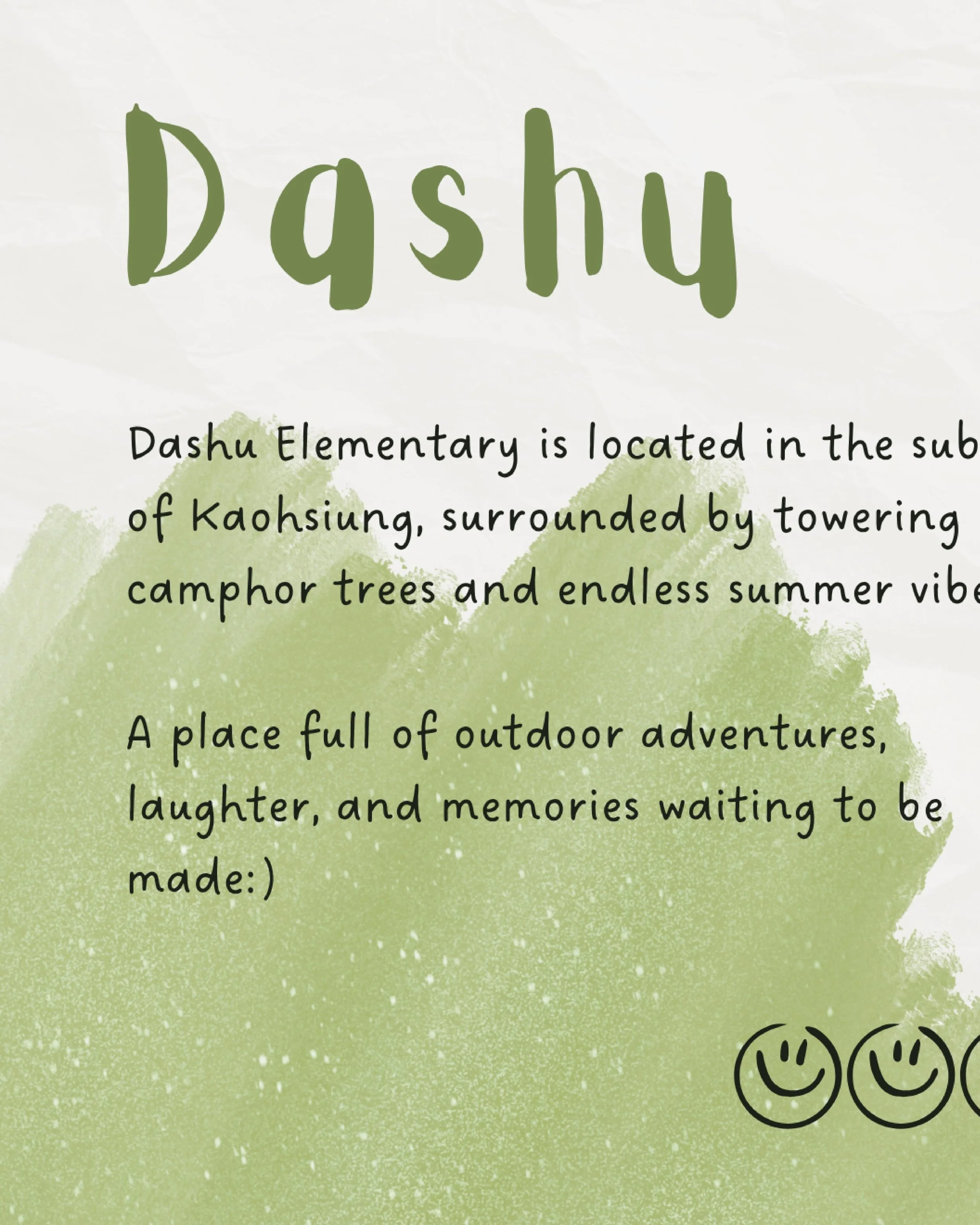 Located in the suburbs of Kaohsiung, Dashu Elementary is surrounded by towering camphor trees and endless summer energy ☀️🌳With wide outdoor spaces and even a community swimming pool, Dashu is a place where learning and play naturally come together.
