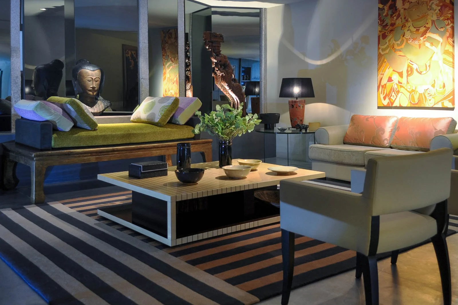 Author-designed living area with custom furniture and selected objects and art