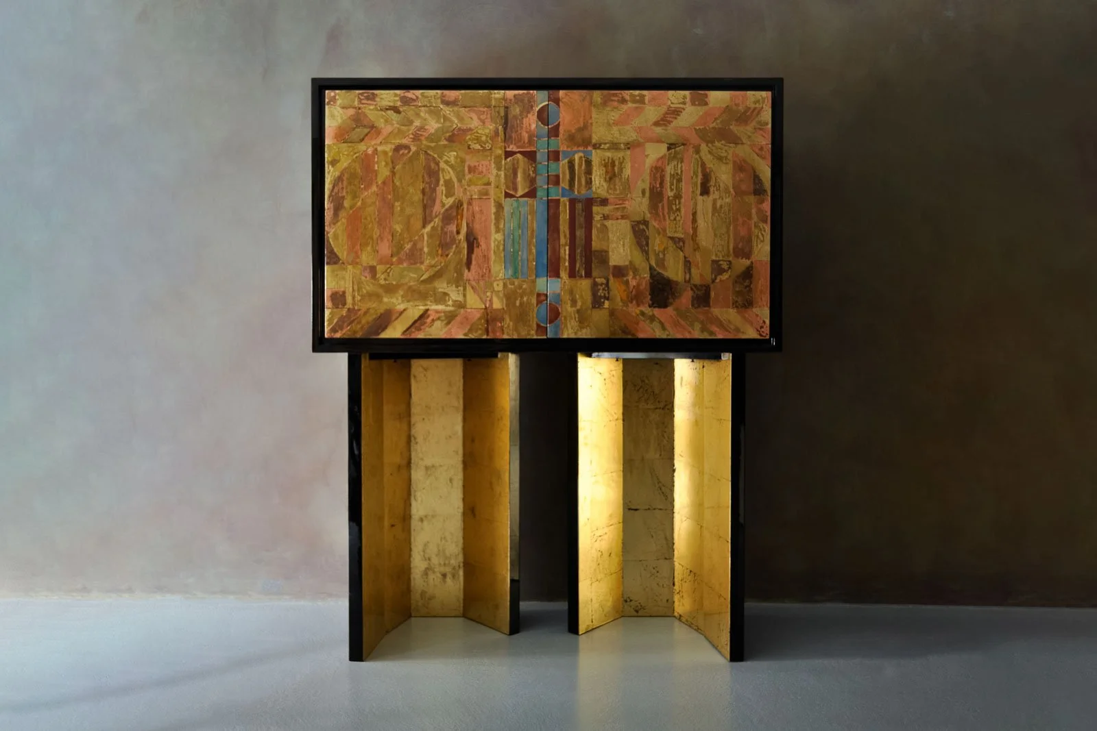 Author-designed lacquered sideboard with gold, silver and copper leaf application