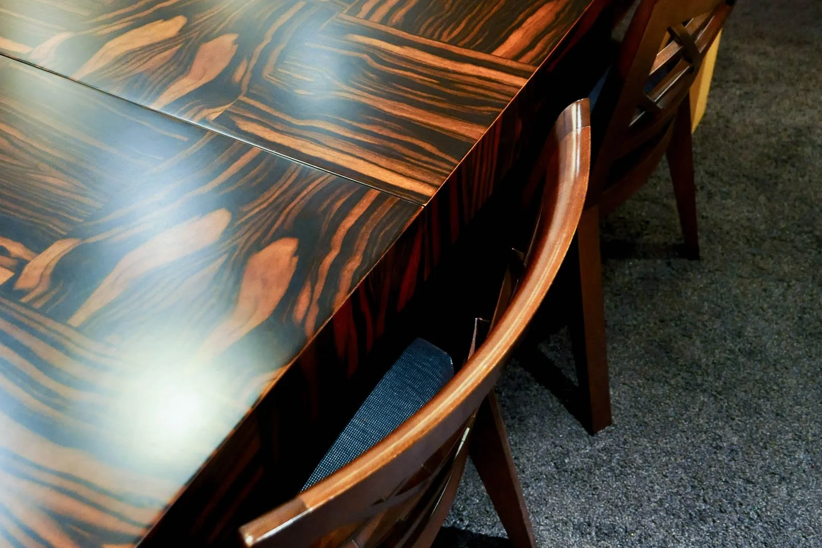 Macassar ebony dining table wood grain and finishing detail