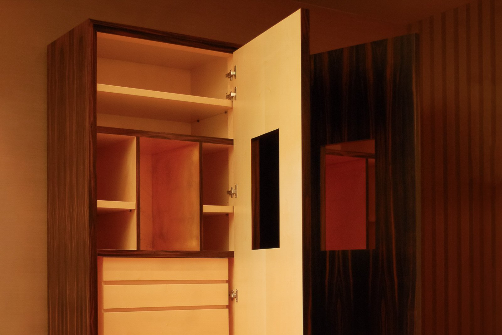 Inside detail of Macassar ebony and sycamore author-designed cabinet