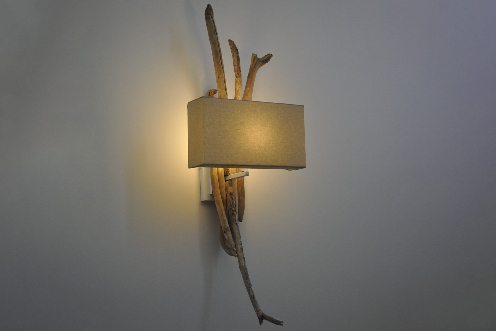 Custom-designed steel and driftwood wall lamp with silk lampshade