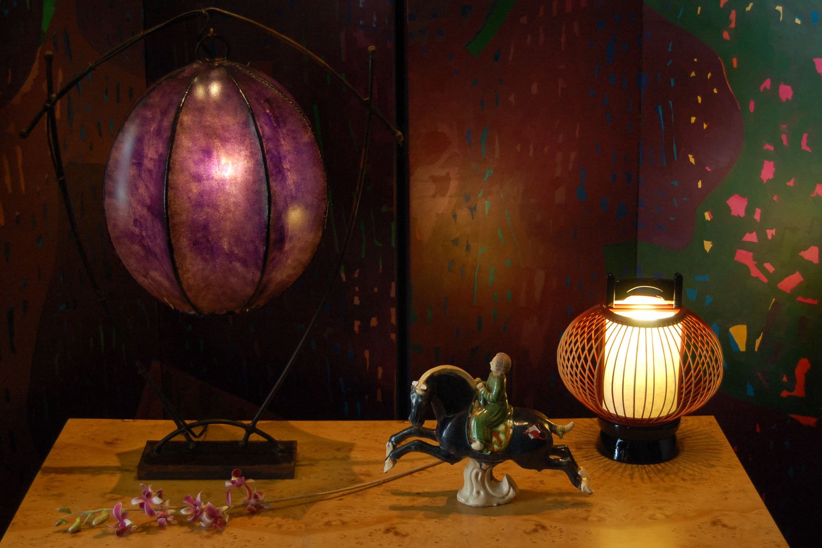 Forged steel purple resin lamp beside Japanese lacquer, rattan, shoji lamp