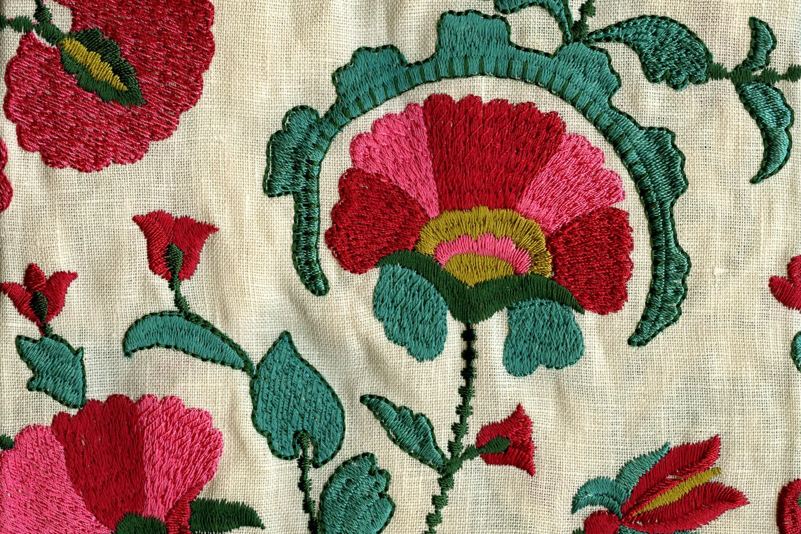 Indian linen curtains with embroidered Persian flower pattern, textile detail