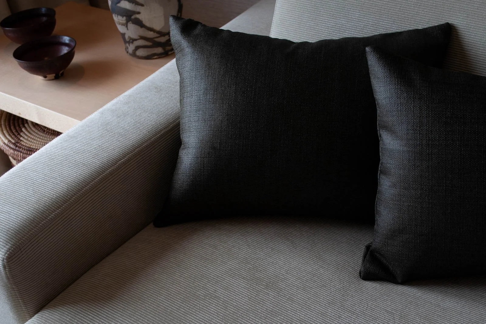 White bombazine-style sofa with two black waxed canvas pillows