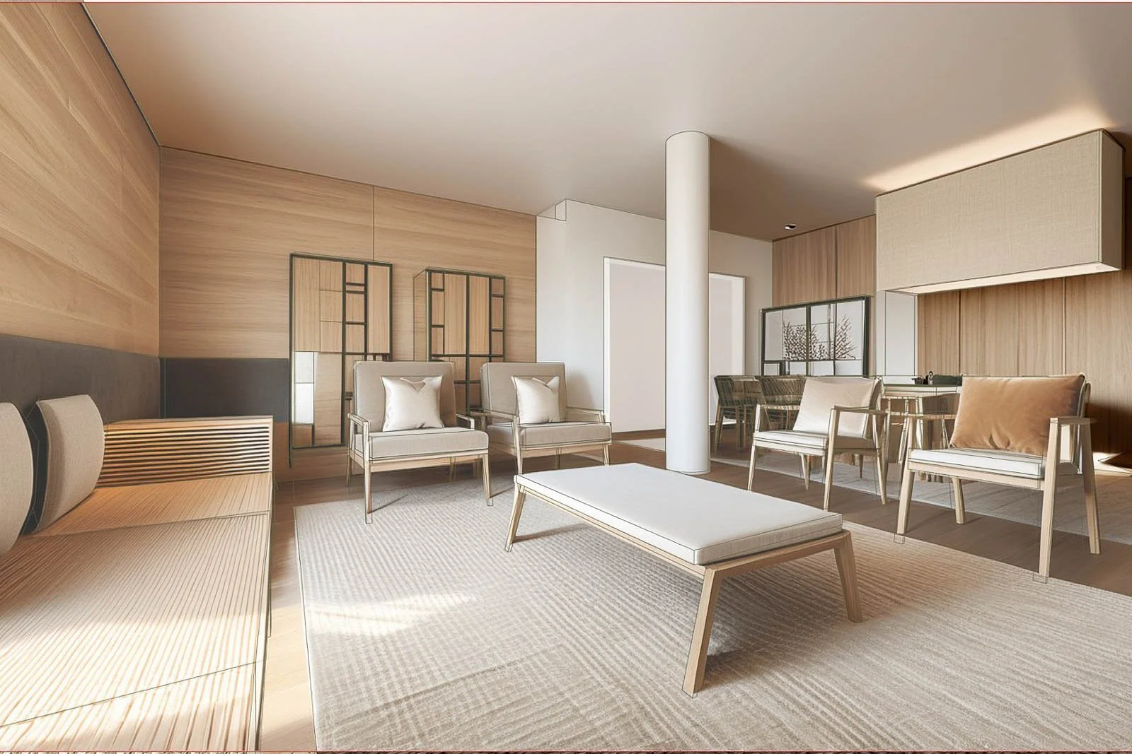 Living area 3D visualisation with wood panel wallcoverings and rugs