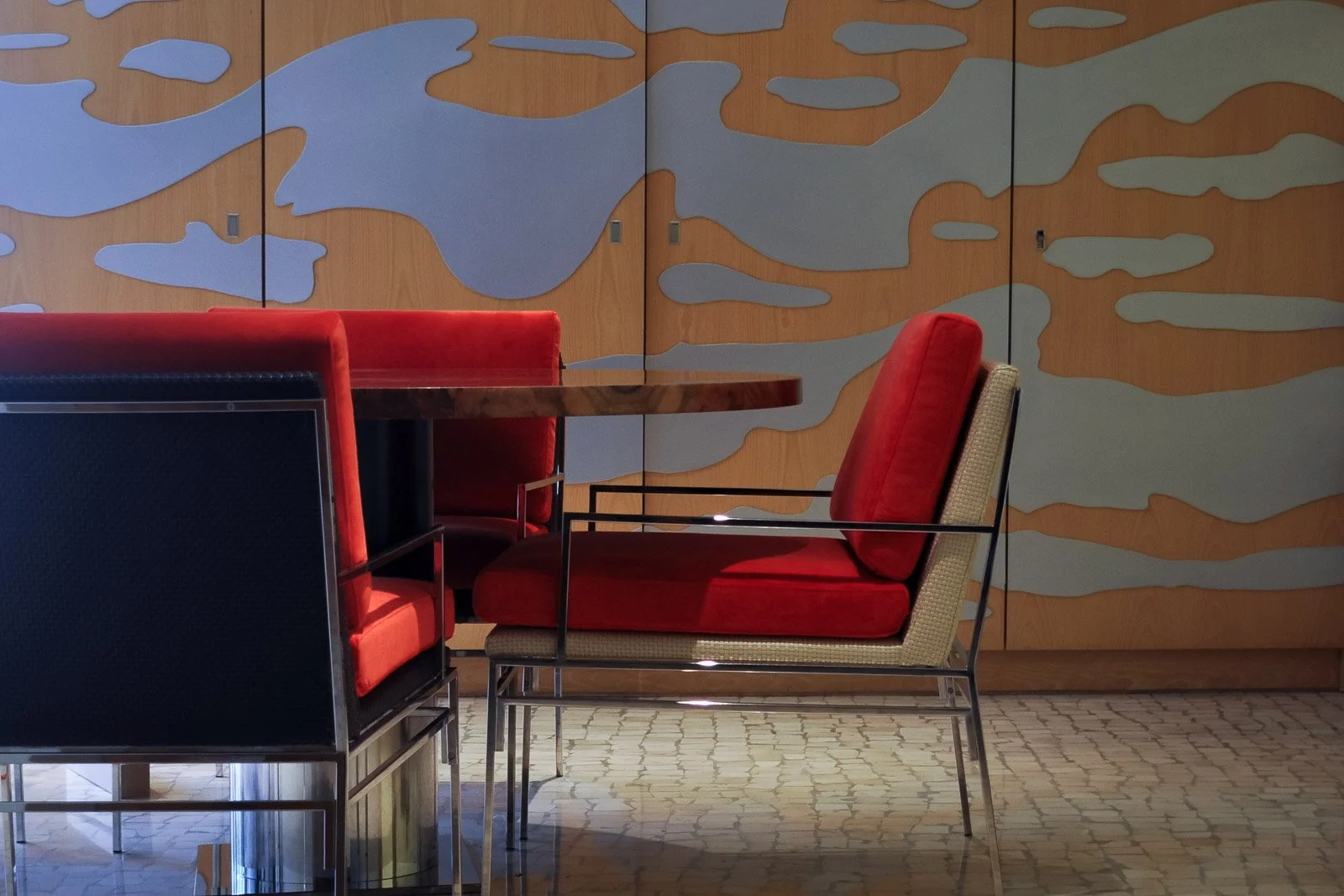 Custom-designed wood marquetry patterned wallcoverings