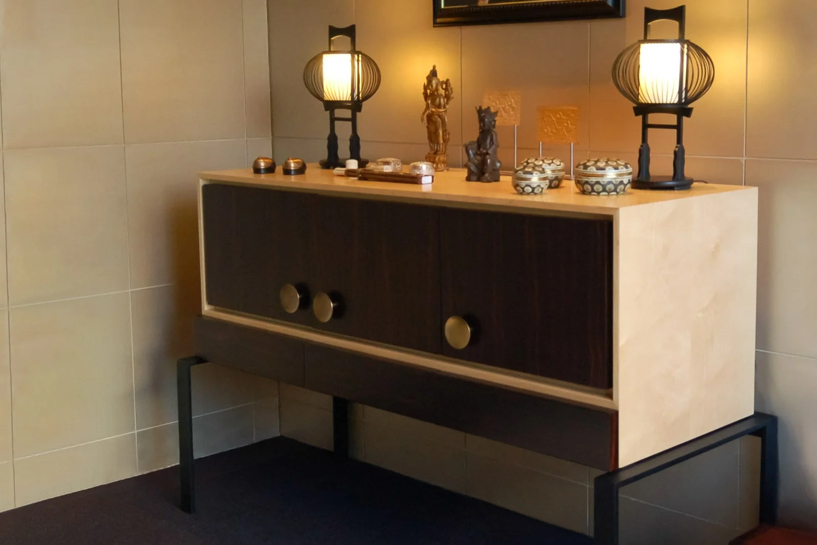 Author-designed Macassar ebony and sycamore sideboard with brass circular handles