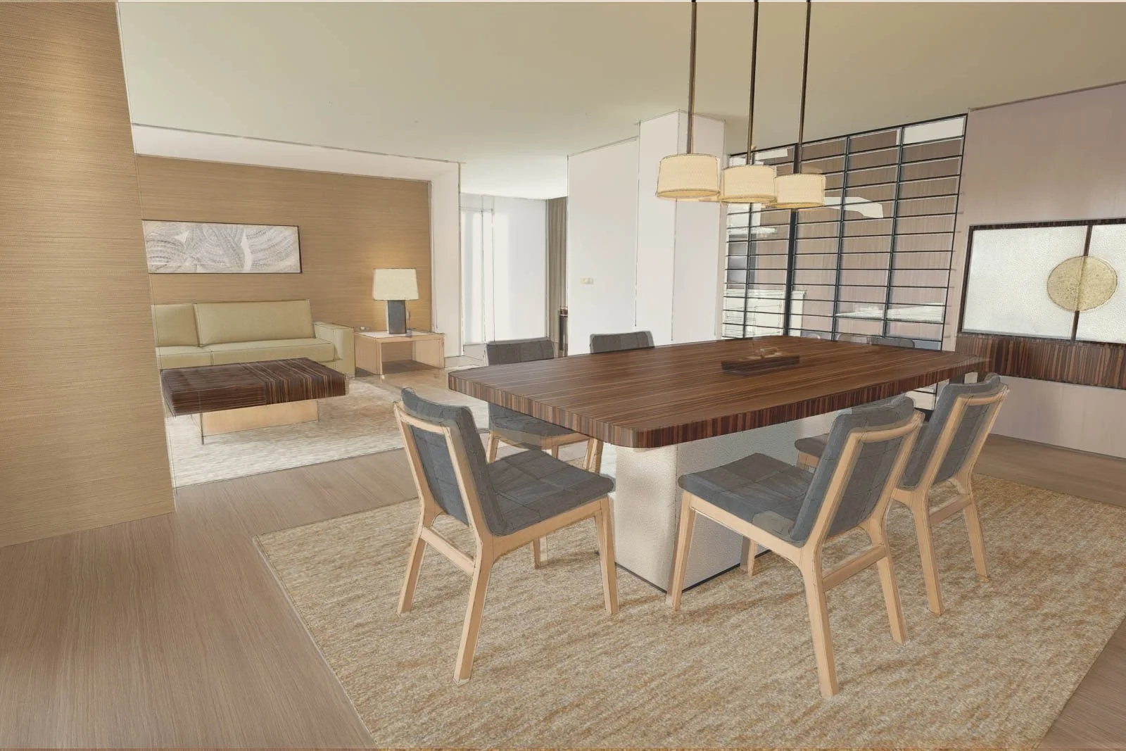 Living room dining area 3D visualization with custom-designed furniture and selected materials