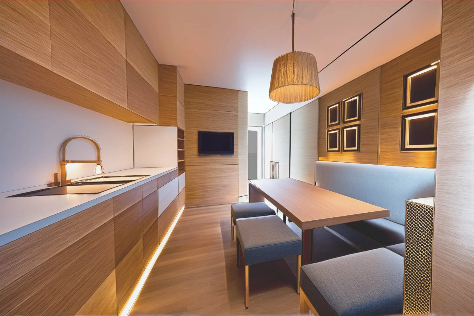 Kitchen space layout 3D visualisation with equipment and wood finishes