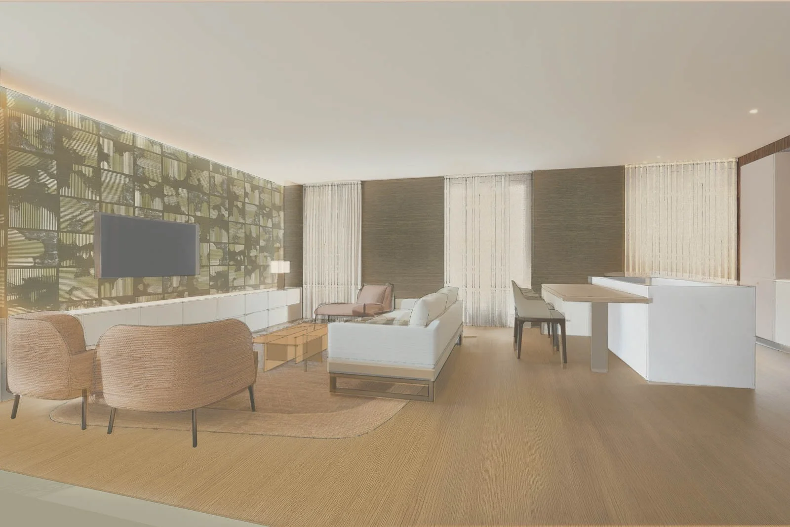 Living area layout 3D visualization with custom-designed furniture and selected materials and finishes