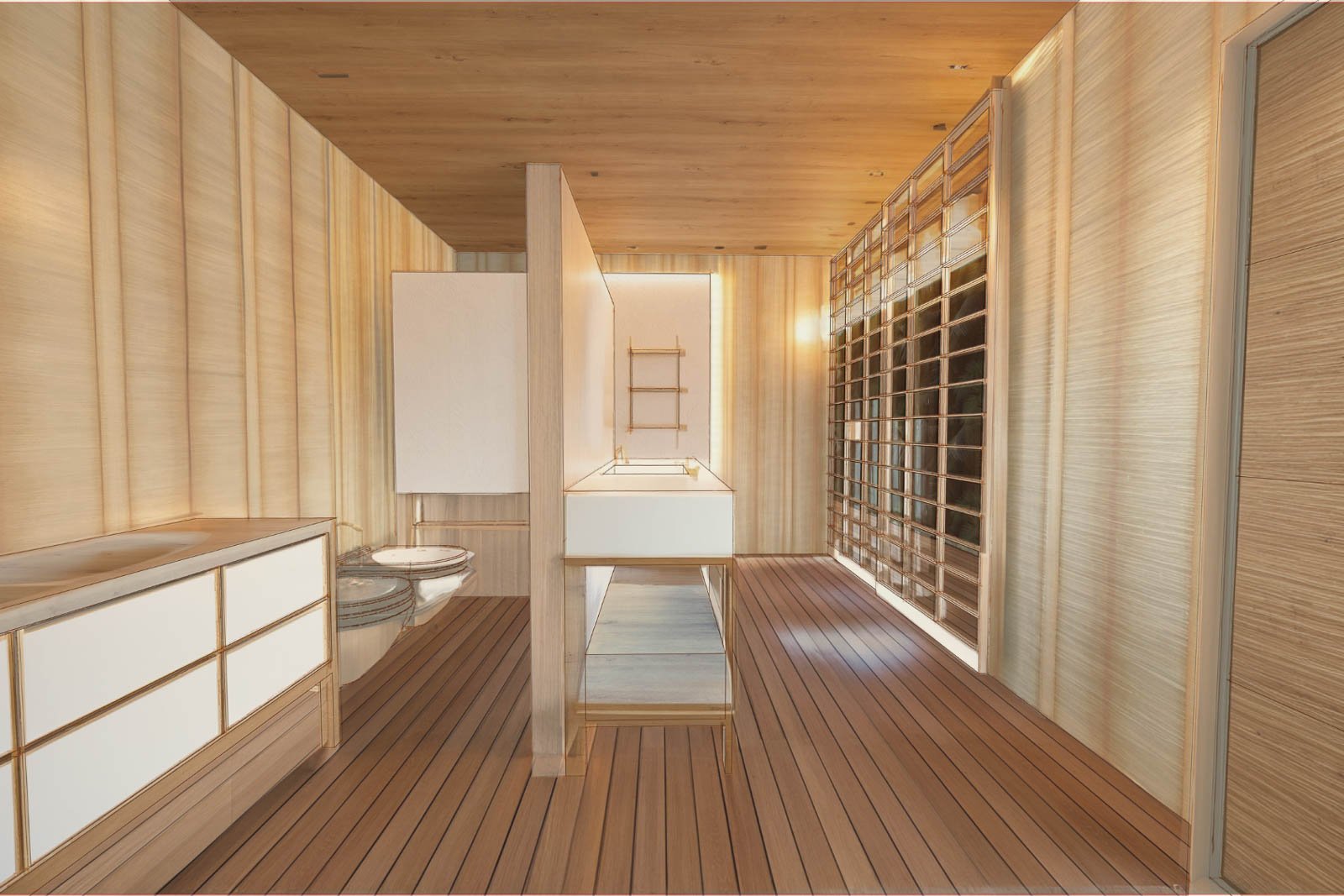 Visualização 3D de casa de banho com acabamentos em madeira e fibras naturais