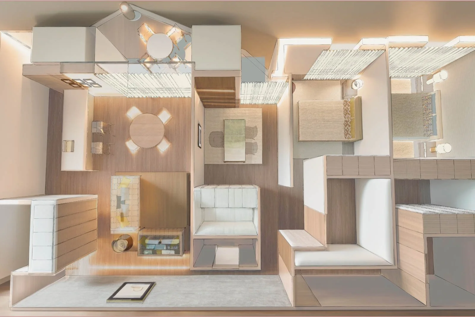 Visualização 3D de planta de piso de layout espacial residencial