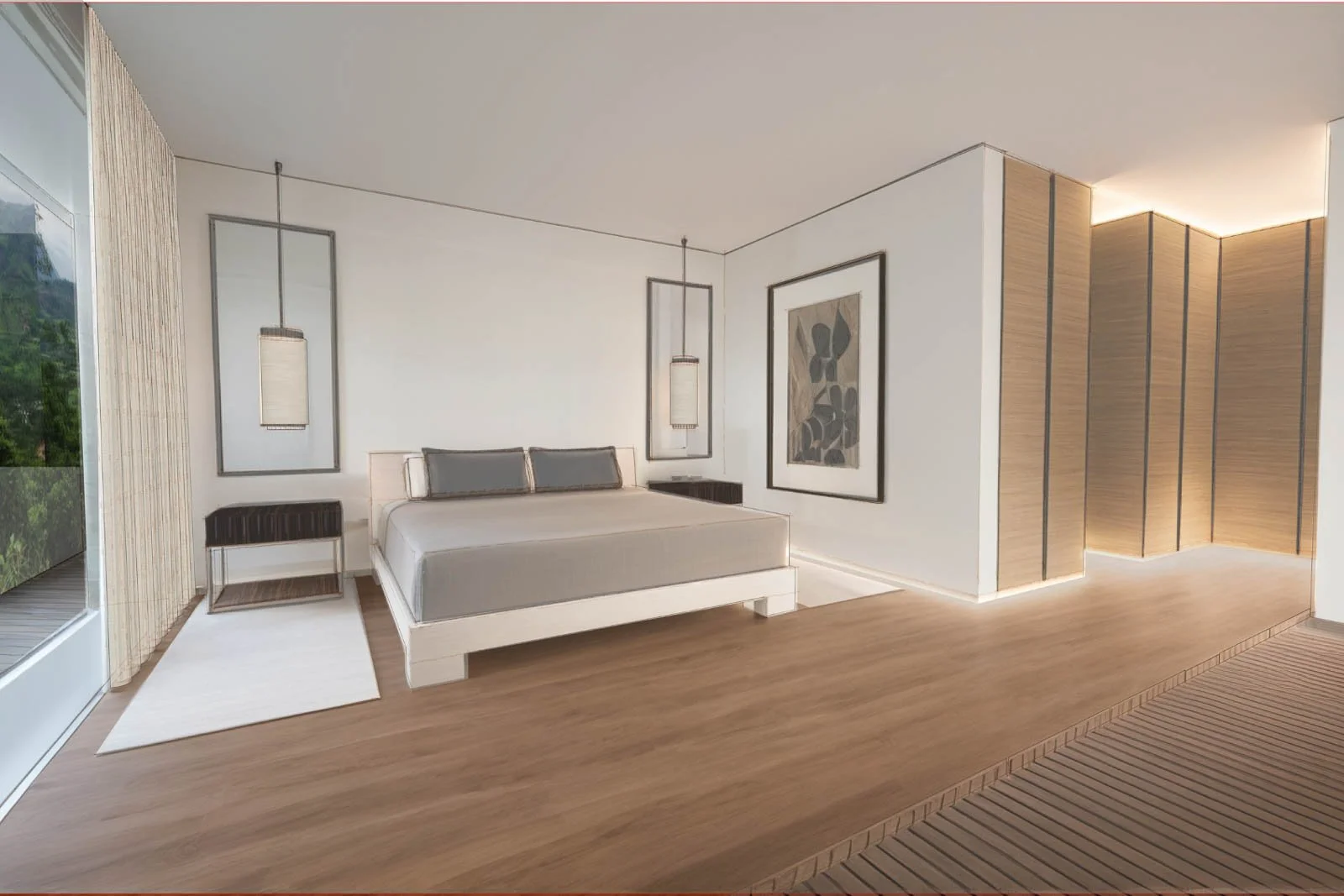 Visualização 3D de layout de quarto e closet com mobiliário de autor e decoração selecionada