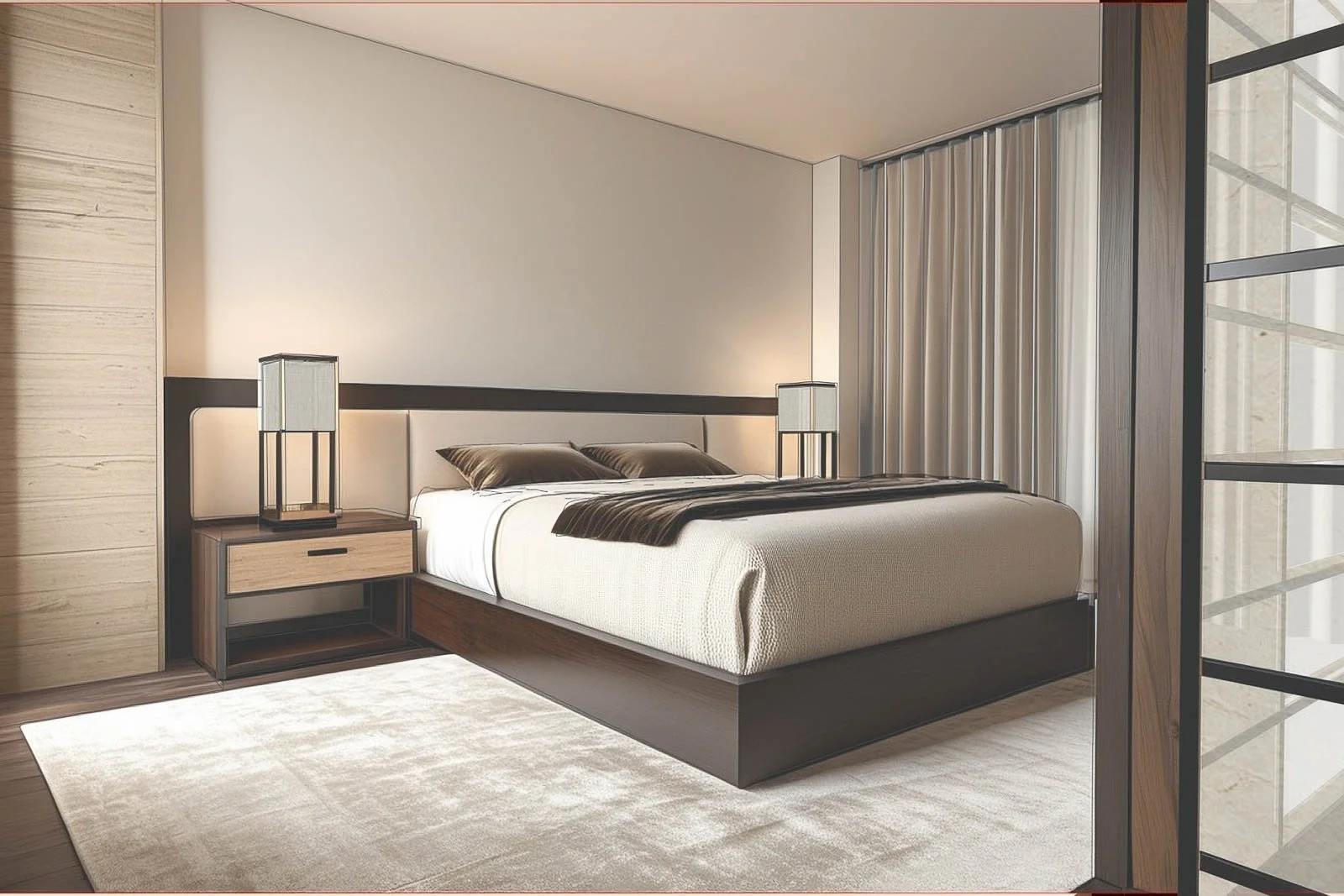 Visualização 3D de interior de quarto principal com seleção de mobiliário, candeeiros de mesa e têxteis