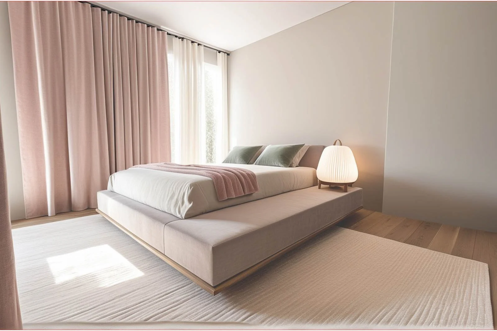 Visualização 3D de quarto em tons pastel rosa e branco