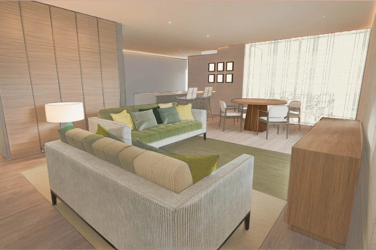 Visualização 3D de sala de estar com mobiliário de desenho de autor e materiais selecionados