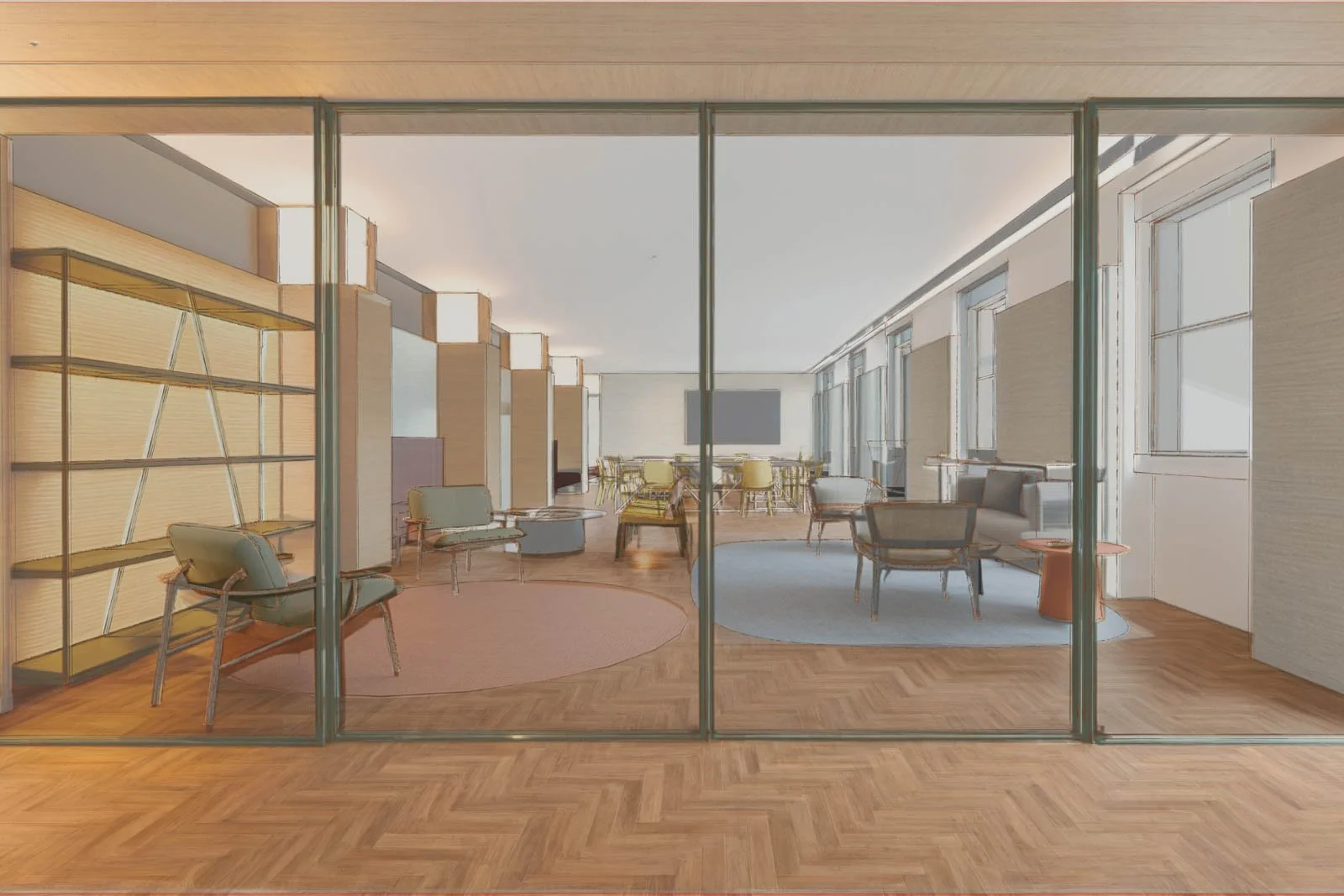 Visualização 3D de corredor de espaço de escritório