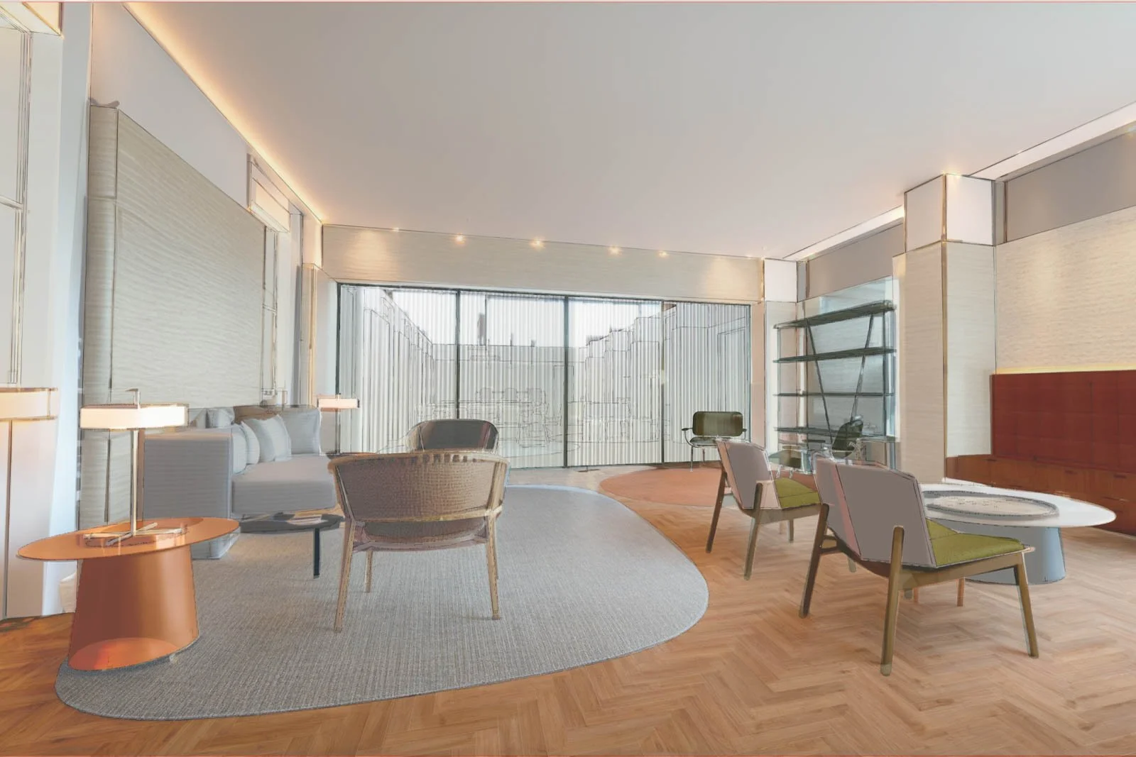 Visualização 3D de layout de espaço de escritório com mobiliário selecionado