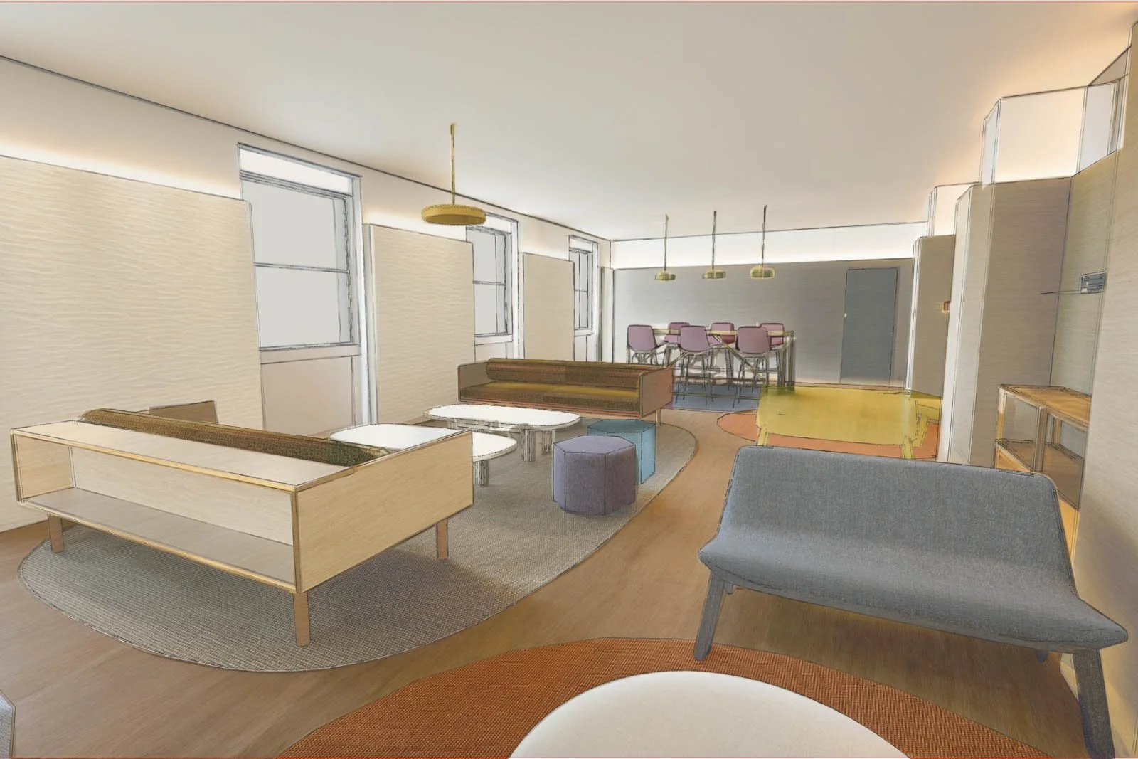 Visualização 3D de layout de espaço de escritório com mobiliário e sofás selecionados