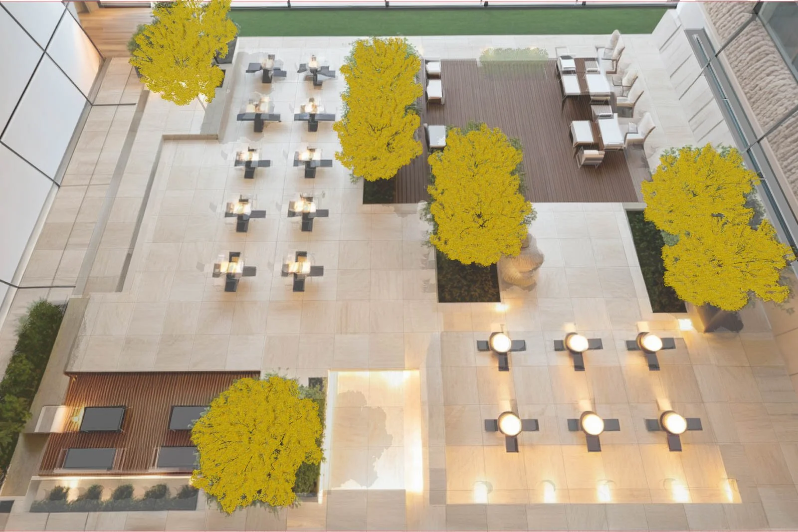 Visualização 3D de jardim interior com terraço