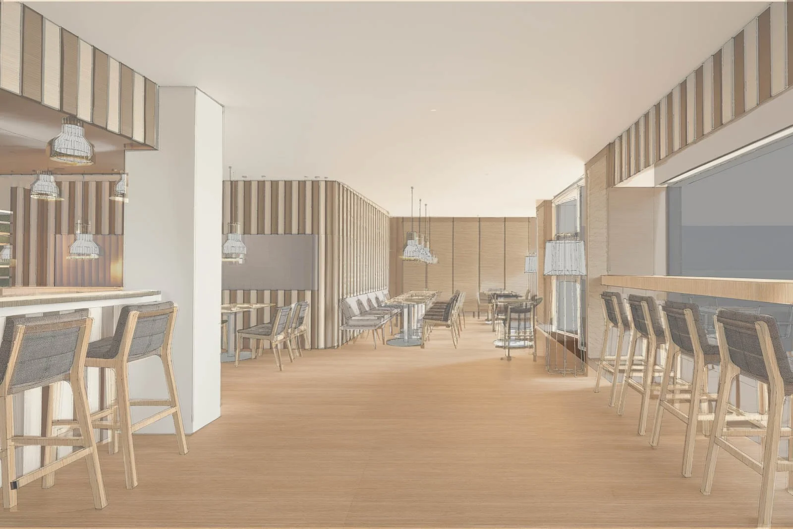 Visualização 3D de bar de balcão e lounge junto à janela de restaurante