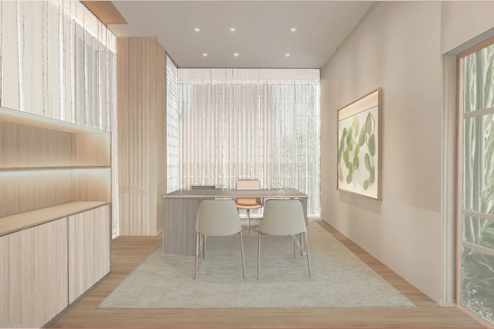 Visualização 3D de design de interiores de consultório clínico privado