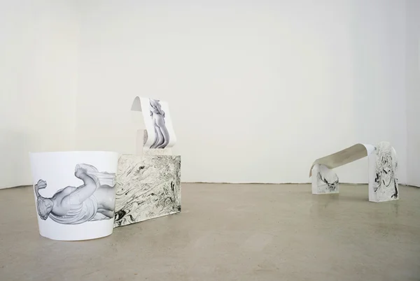 Guchi, Muchi, &amp; Puchi, 2015Laserjet prints, plaster, acrylic pigment, &amp; brass rod.&nbsp;View from Heartspace (sitting still within, sitting still without)&nbsp;at&nbsp;Mélange Cologne, May 2015