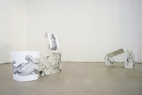 Guchi, Muchi, & Puchi , 2015 Laserjet prints, plaster, acrylic pigment, & brass rod. View from Heartspace (sitting still within, sitting still without) at Mélange Cologne, May 2015