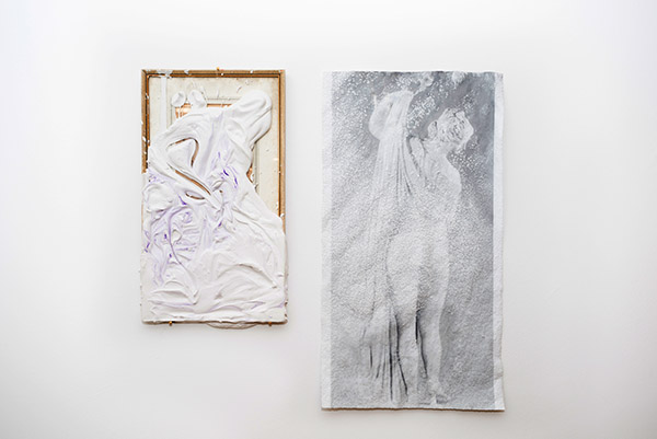 Untitled juxtaposition , 2015 found frame, plaster, acrylic pigment, digital print, ammonium crystal. View from Heartspace (sitting still within, sitting still without) at Mélange Cologne, May 2015