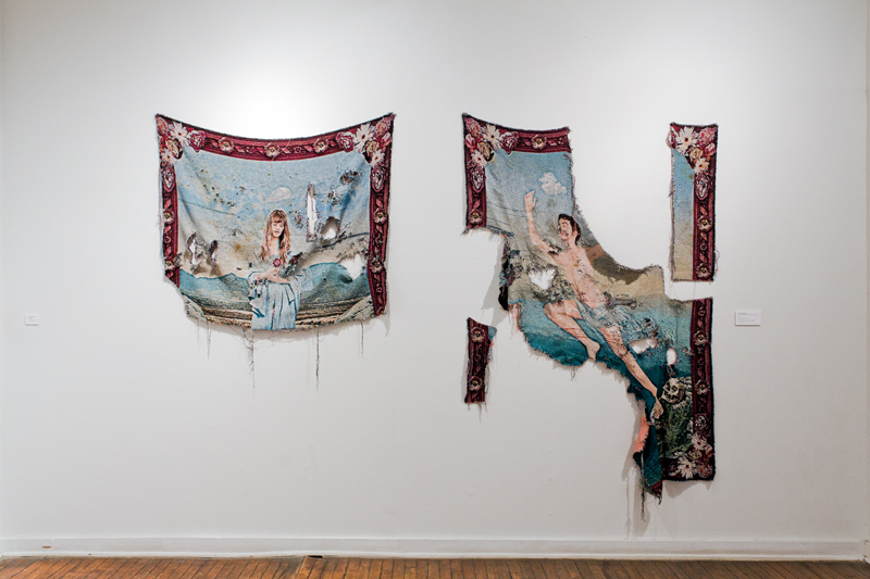 The Virgin and a Saint , 2013, pair of jacquard tapestries in fragments From Allegories of Art History