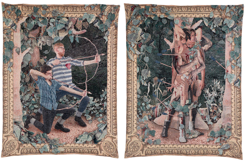The Archers & The Quarry , made in collaboration with Aaron McIntosh, 2014, pair of jacquard tapestries. From Strange Terrain . 
