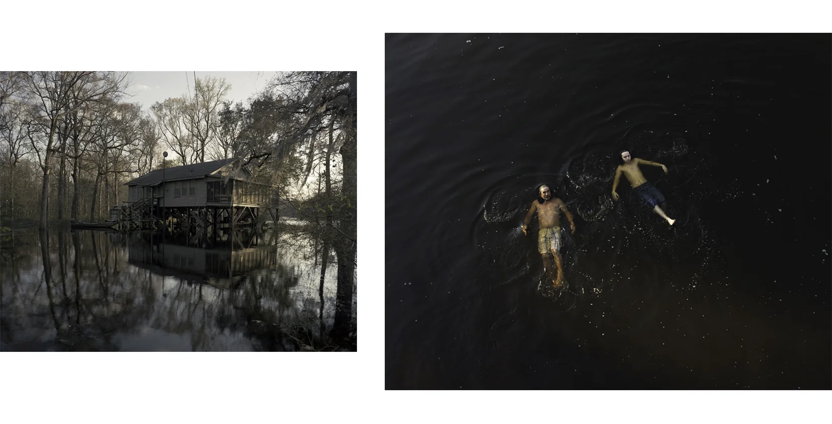 Left: Jody’s Home During Flood , 2012 Right: Father and Son Floating , 2012 From the series Ogeechee Stephen Milner