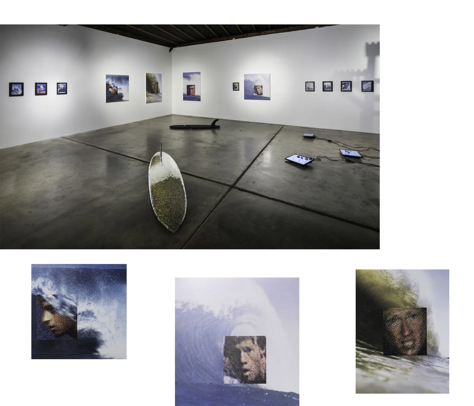 Top: A Spiritual Good Time at Disjecta Contemporary Art Center, Portland, OR Bottom left: Pitted #1 , 2018, Die bond and wood Bottom middle: Pitted #2, 2018, Die bond and wood Bottom right: Pitted #3 , 2018, Die bond and wood Stephen Milner