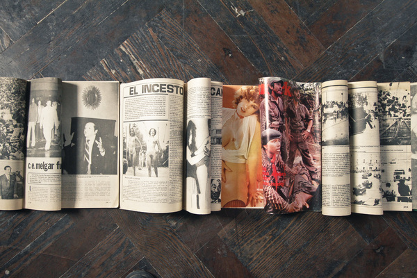  El Incesto (Detail), Floor Installation, 2014. 23 Vintage Crime and Pornographic Magazines from Lima, Peru, 1979 