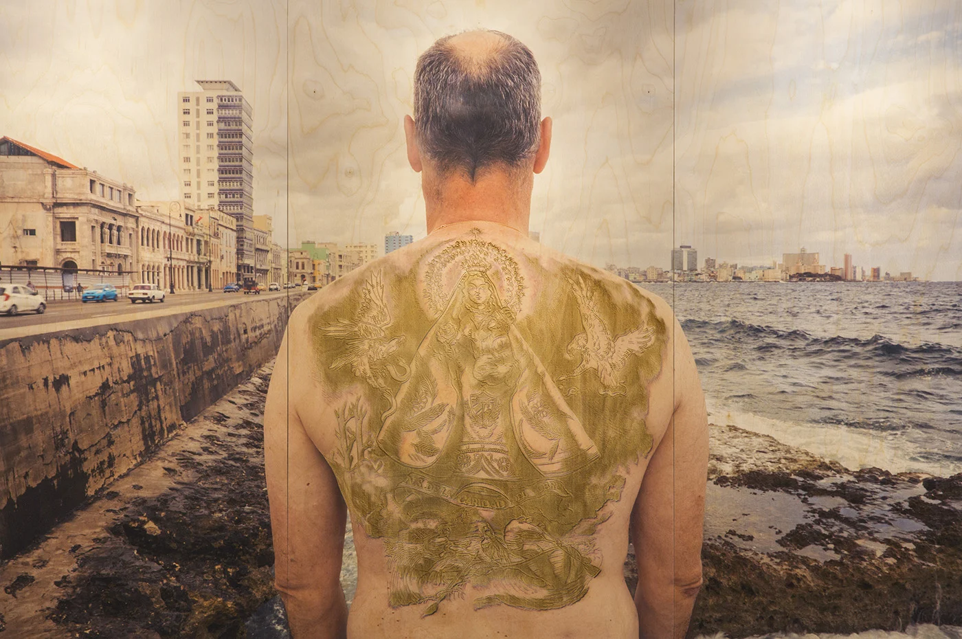 Caridad , photo-etched UV archival digital printing on wooden panels, 40” x 60”, 2017