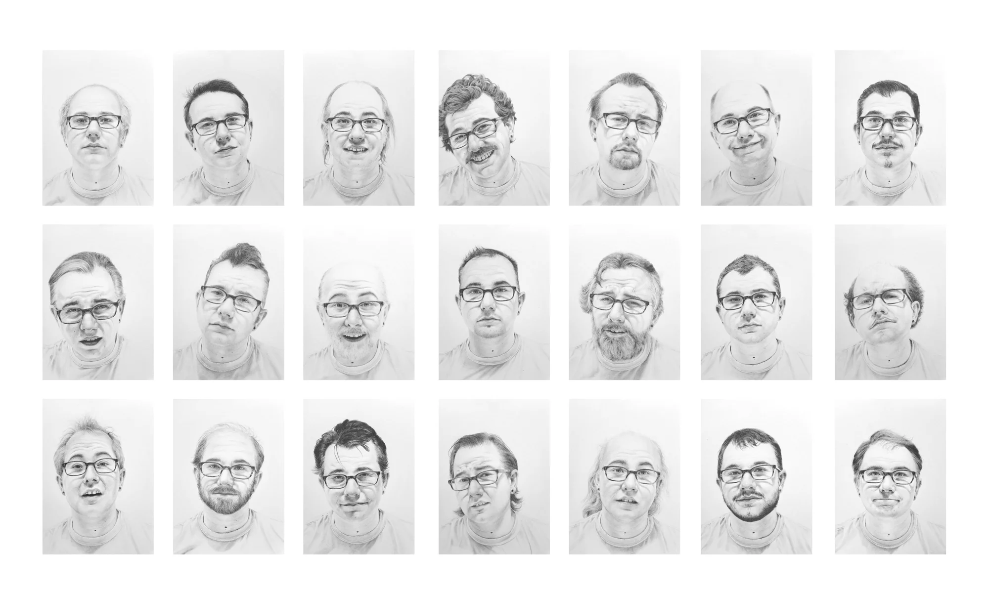 Untitled (Balding), Graphite on paper, 21 drawings at 7”x5” each, 2017