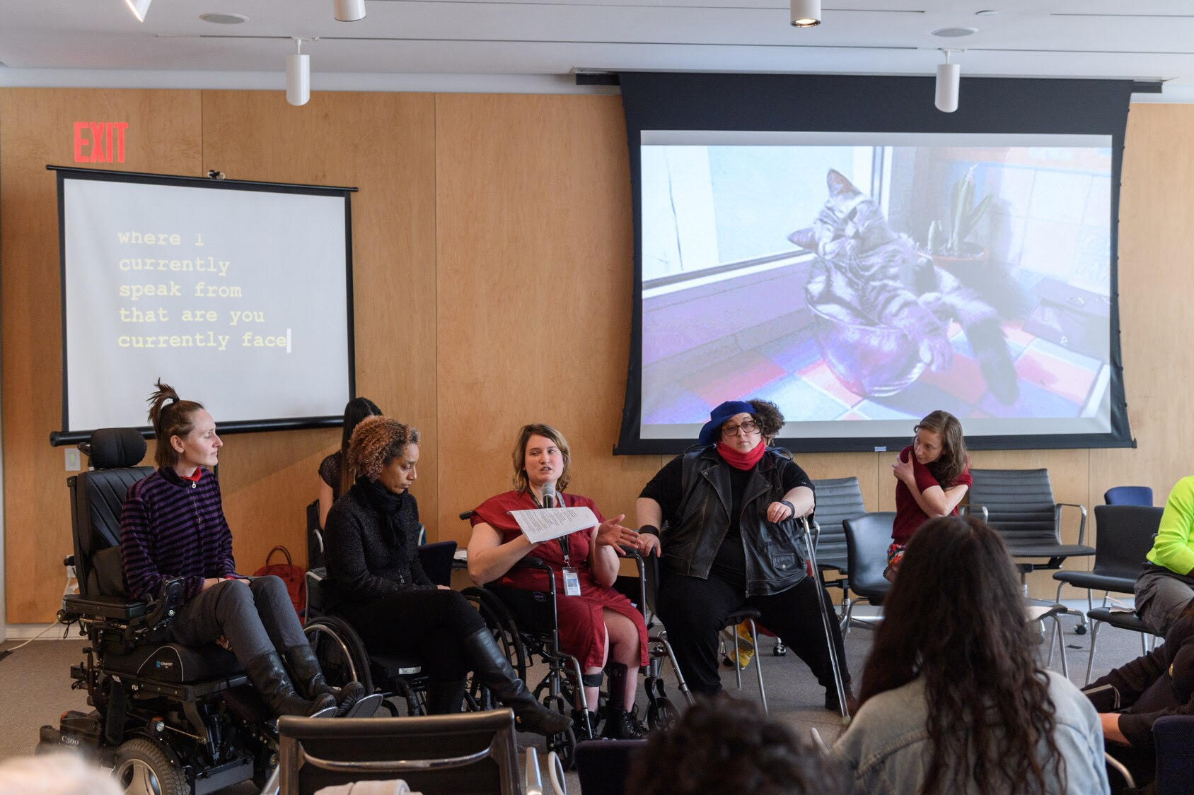  2019, The Whitney Museum hosted a day long conversation as part of and in collaboration with Performance Space's  I Wanna be with You Everywhere.  Featured in the image are Park McArthur, Alice Sheppard, Madison Zalopany, Constantina Zavitsanos, and