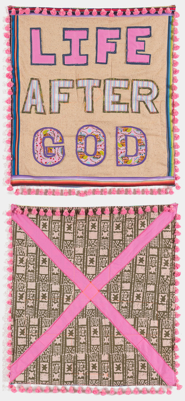   Life After God / untitled (cross) , 2014, 30 x 32 inches. Fabric, batting and thread (after Doug Coupland) 