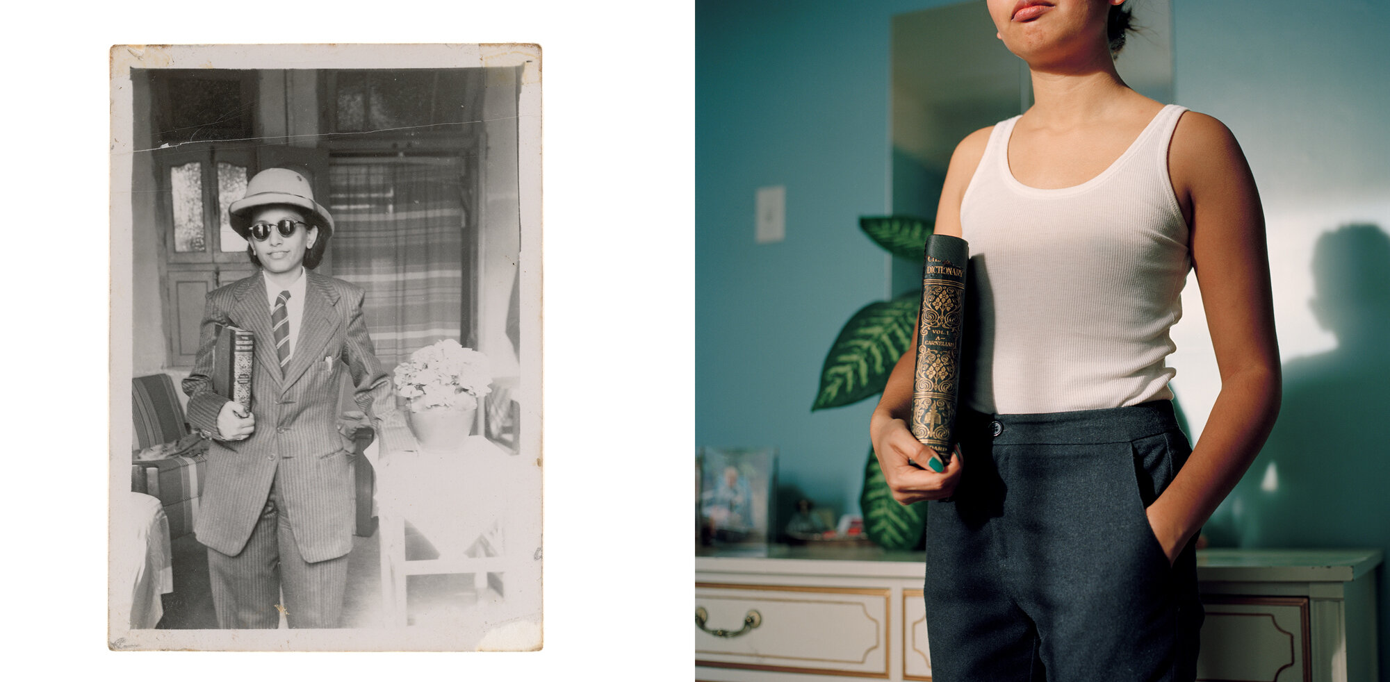 Nani in Safari Hat, 1948. (Reproduction 2017). and Self-portrait as Nani, 2017.